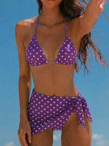 Conjunto de 3 piezas de bikini sexy con estampado de lunares, con parte superior de cuello halter y espalda descubierta, para vacaciones en la playa.Incluye bikini, falda y traje de baño con estampado de lunares. - Morado - Ver 3