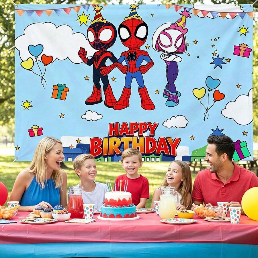1pcs M Arvel S Pider-Man Happy Birthday Backdrop, Superhero Theme Party Decorations For Boys, City Buildings Photography Background For Cake Table, Iconic Spidey Wall Decor For Outdoor And Indoor Celebration, Creative Birthday Banner For Fans And Comic Lovers, Epic Hero Action Theme Party Supplies - Nhiều màu-A - Xem 1