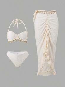 Conjunto de 3 piezas de traje de baño con decoración de tiras tejidas y textura de conchas para mujer, ideal para vacaciones en la playa - Albaricoque - Ver 5