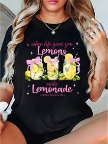 Women's Soft Fabric Short-Sleeved T-Shirt, V2K Style - Lemonade Print Design. Casual Summer T-Shirt With A Round Neck, Suitable For Everyday Wear, Family Gatherings, And Travel, Featuring Fun Prints And A Loose, Comfortable Fit. - 黑色 - 查看 1