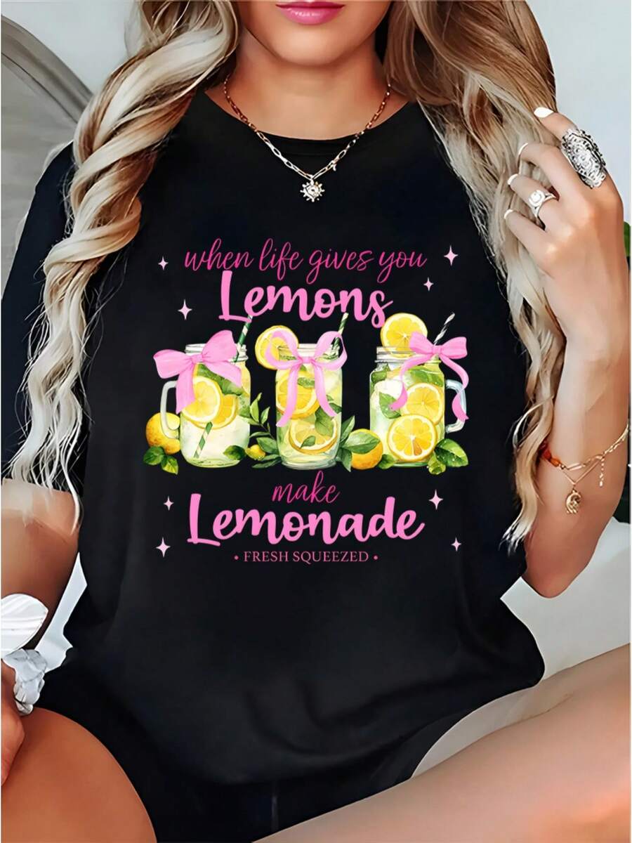 Women's Soft Fabric Short-Sleeved T-Shirt, V2K Style - Lemonade Print Design. Casual Summer T-Shirt With A Round Neck, Suitable For Everyday Wear, Family Gatherings, And Travel, Featuring Fun Prints And A Loose, Comfortable Fit. - 黑色 - 查看 1