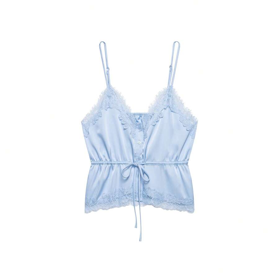 Dravelle DEEKA Spring/Summer New Women's Fashion European And American Style Minimalist Sexy Lace Decor Satin Blouse Casual - Baby Blue - View 1