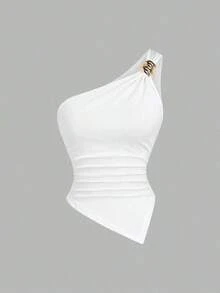 Blusa de unicolor minimalista con cuello asimétrico y hebilla de metal para mujer - Multicolor 7 - Ver 7