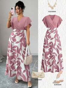 ajustado y acampanado con volantes y mangas de capa, con estampado de hojas de color rojo burdeos, para primavera/verano - Rosa - Ver 6