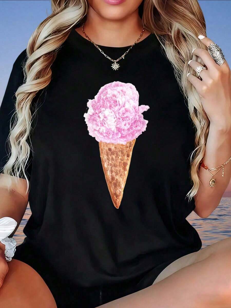Camiseta Vintage con Estampado de Cono de Helado Rosa para Mujer, Estilo Casual de Verano, Corte Holgado, Moda Urbana, Estampados Divertidos, Adecuada para el Día de San Valentín, el Hogar, Caminatas, Deportes, Fiestas, Regalos Navideños, Camiseta de Mujer, 220gFashionropa de calor mujer - Negro - Ver 1