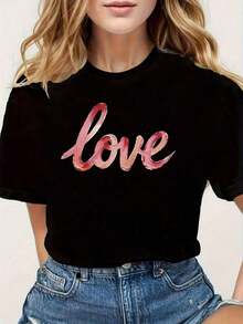 Conjuntos de Verano para Mujer, Camiseta de Mujer, Día de San Valentín, Estampado Artístico Romántico con Fuente de Acuarela y Degradado de "Love", Camiseta Negra de Manga Corta con Cuello Redondo para Mujer - Lavable a Máquina, Adecuada para Fiestas, Eventos Casuales, Reuniones de Amigos, Festividades. Conjuntos de Verano para Mujer, Blusas de Verano para Mujer, Camisa. - Negro - Ver 8