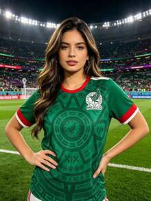 Camiseta de mujer de manga corta con cuello redondo en contraste, ajuste entallado, diseño deportivo con estampado de México y patrón gráfico, estilo casual deportivo, ideal para verano,Moda y camisetas premium - Colores mixtos - Ver 2
