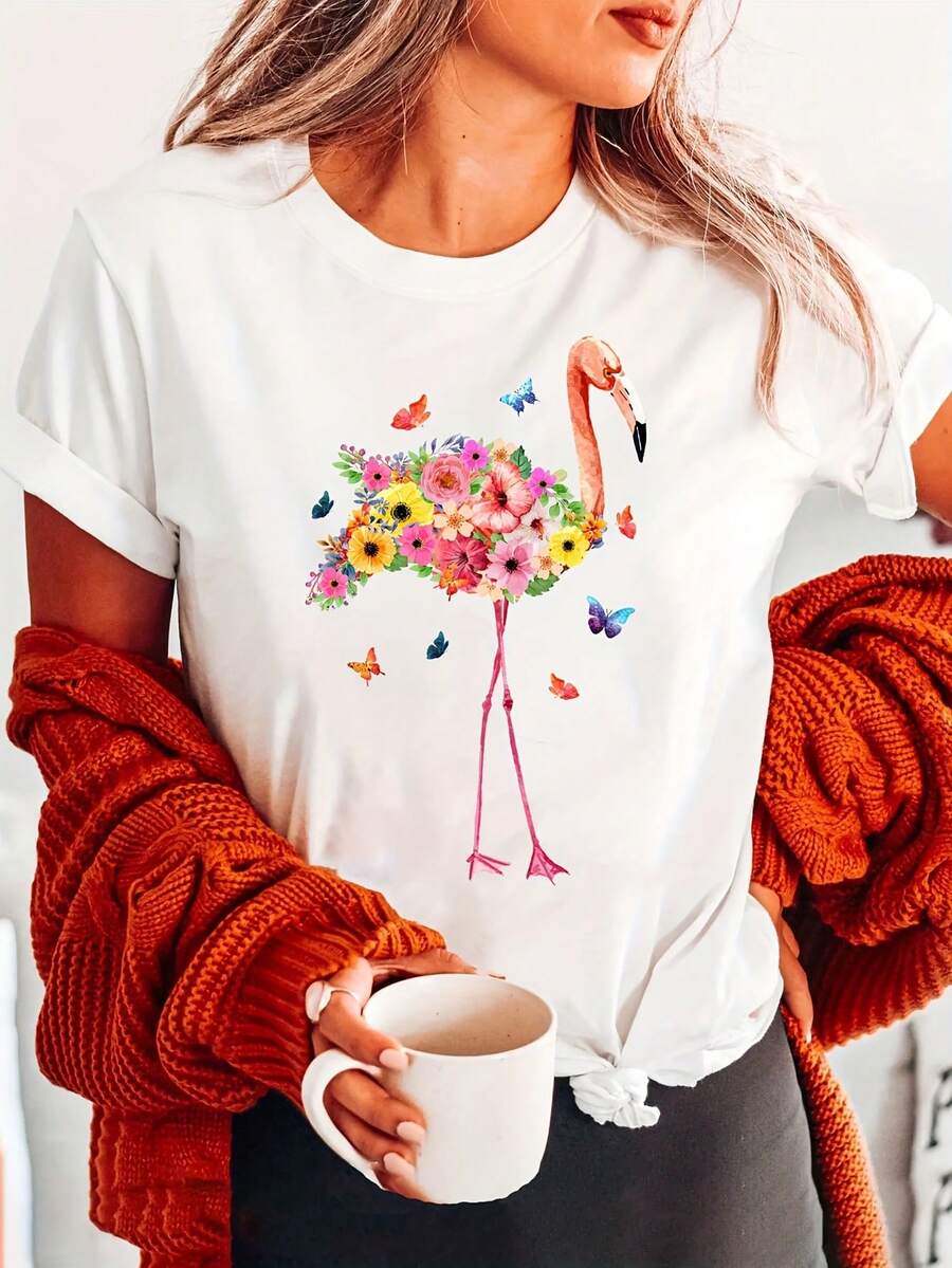 Soft 100% Cotton T-Shirt With Flamingo And Flower Print, Letter Print T-Shirt, Short Sleeve, Round Neck, Casual Top For Summer And Spring, Women's Clothing, Breathable Cotton T-Shirt, Goes With Everything, Great. - 白色 - 查看 1