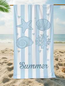 1 pieza Toalla de playa de microfibra de verano con patrón de concha a rayas azul, ultra suave, decoración del hogar, adecuada para la playa, piscina, camping y viajes, extremadamente cómoda - B - Ver 1