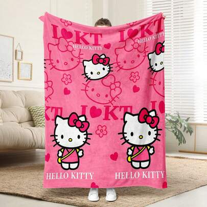 SANRIO 1条舒适的Hello Kitty图案法兰绒毯，柔软的涤纶针织设计，用途广泛，可机洗，毛绒绒的，是居家、旅行、户外活动的理想礼物，四季皆宜，适合沙发、床、办公室或旅行使用。