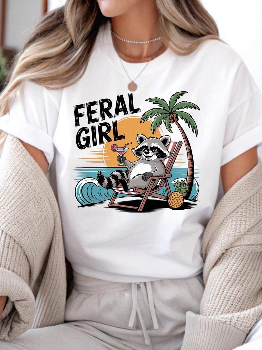 Camiseta de playa con estampado divertido de mapache para niña. Camiseta unisex de algodón puro de 220 g. Peso ideal para todas las estaciones, apta tanto para hombres como para mujeres. Tejido duradero de alta calidad, suave al tacto y de larga duración. Top transpirable. Adecuado para primavera y verano, vacaciones, Día de la Madre, Día de la Independencia. - Blanco - Ver 1
