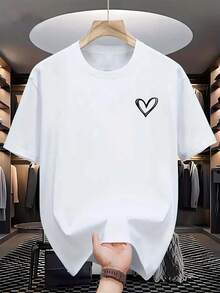 Camiseta informal de mujer con cuello redondo y manga corta con estampado de corazones, versátil para el uso diario. - Blanco - Ver 2