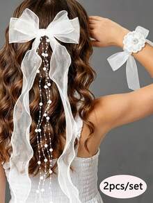 2 piezas Pinzas para el cabello con lazo blanco y borla de perla falsa, Corsage de muñeca blanco, Adecuado para boda, banquete, accesorios de dama de honor, barrettes para el cabello, pinzas para el cabello - Multicolor - Ver 6