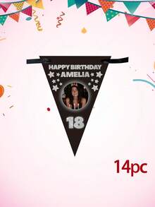 Bandeirola de aniversário personalizada com foto e texto, bandeirinha triangular personalizada com nome e idade, decoração para festa de aniversário de 18/21/30 anos, bandeirinha triangular preta com estrelas brilhantes, decoração para festa de aniversário. - Multicolorido - Ver 23