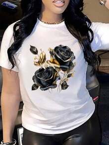 MinimalistCamiseta mujer estilo elegante estampado de flores en relieve tela suave holgada cuello redondo manga corta primavera verano uso casual y de citaWomen's Simple Solid Color T-shirt, - Blanco - Ver 6
