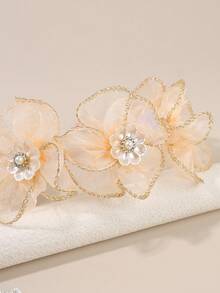1pc Beige Girls' Mesh Headband With Shiny Floral Pearl Decor, Elegant Hair Accessory For Daily, Party, Gift, Holiday, Wedding, Suitable For Teenagers - Beige - View 7