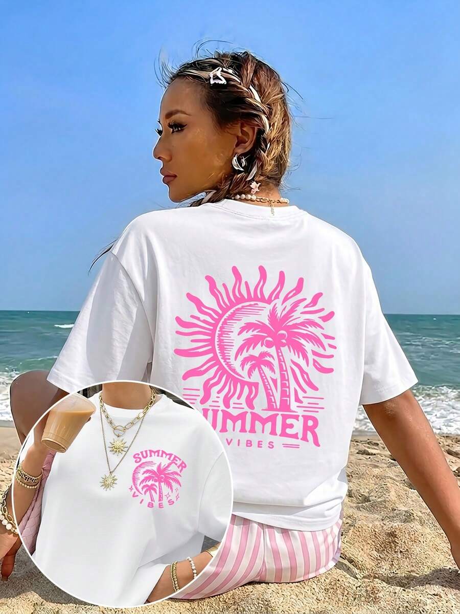 Versatile Summer Casual Sports T-Shirt For Women, With Palm And Sun Print, Sweet And Fresh Vintage Style, Ideal For Beach Vacations, Daily Wear At Home, Outings Or As A Fashionable Gift. - 白色 - 查看 1