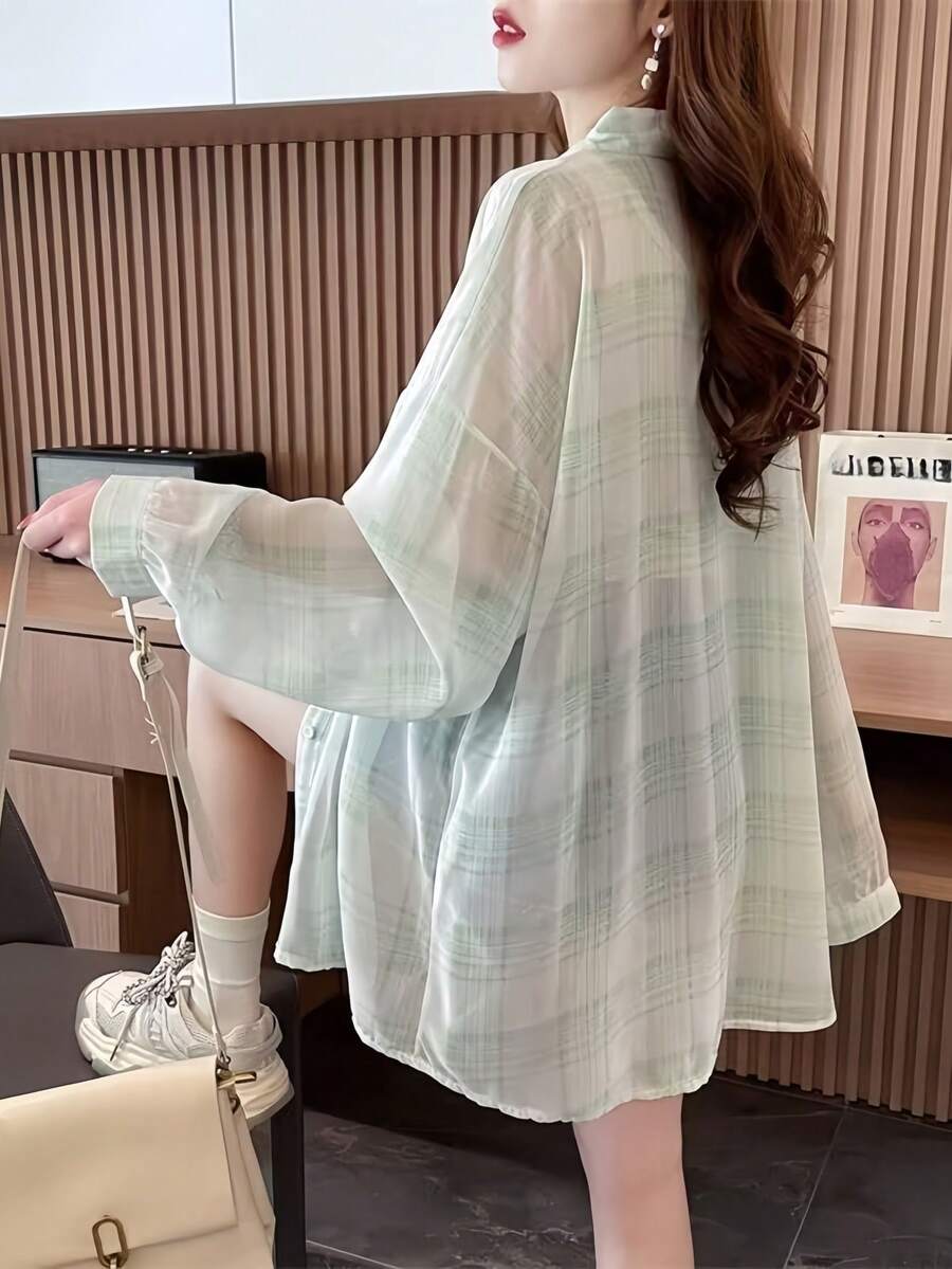 Plaid Long Sleeve Lightweight Loose Fit Casual Sunscreen Shirt For Women, Summer - Green - View 1