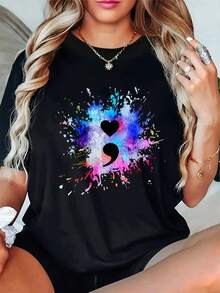 Camiseta de algodón puro con estampado de corazón y punto final en acuarela - camiseta casual de manga corta, lavable a máquina, cuello redondo, diseño completamente cerrado_Estampado artístico, estilo cómodo, adecuada para todas las estaciones, ideal para Navidad, Pascua, Halloween, Día de Acción de Gracias y otras festividades. - Negro - Ver 6