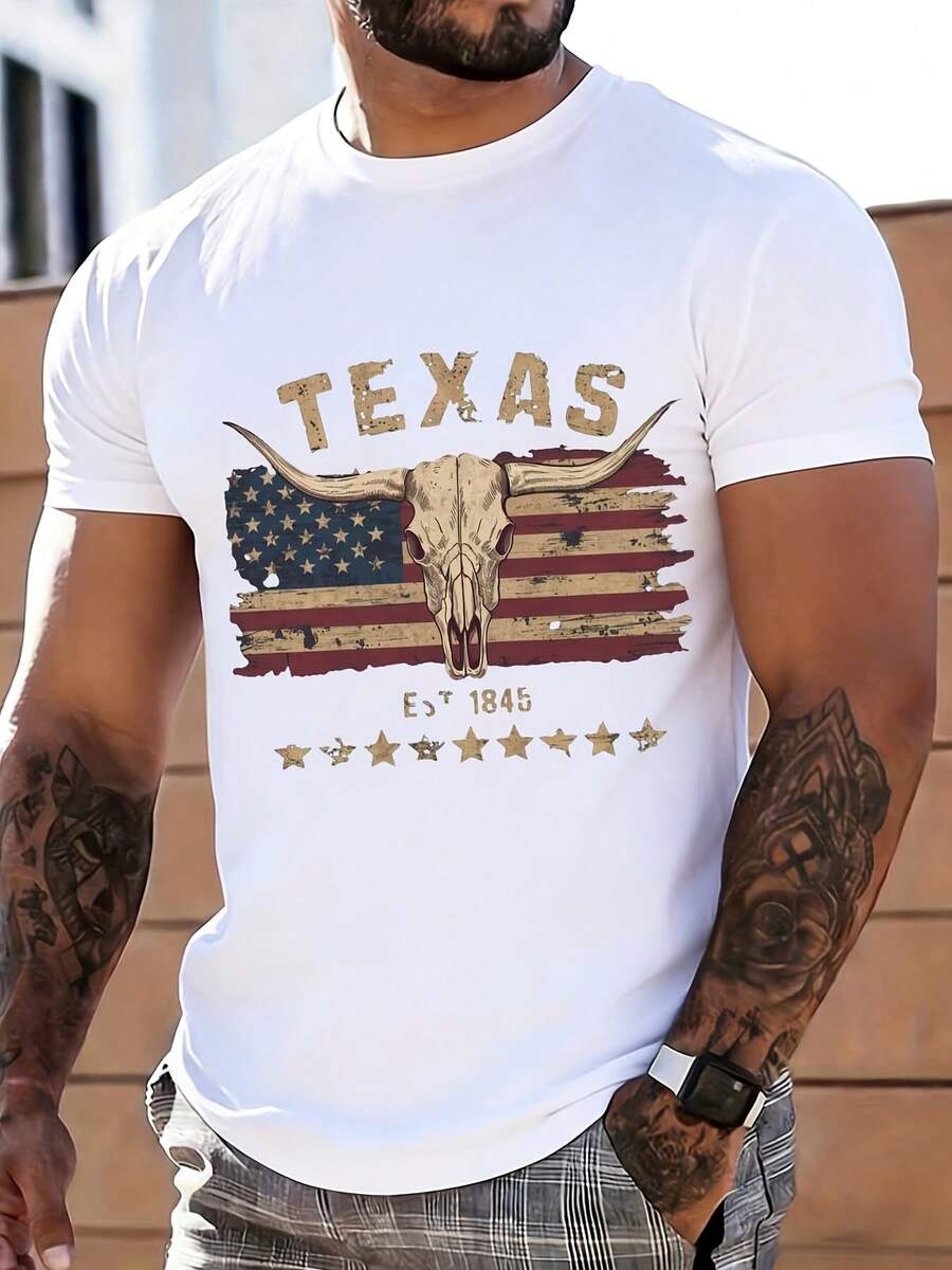 Texas Longhorn Skull American Flag T-Shirt With Stars And 1845 Text For Men Casual Wear Suitable For Leisure And Sports Activities - trắng - Xem 1