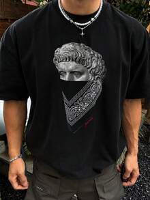 Fractyr 男士雙面印花寬鬆版型T恤，希臘雕像與方巾圖案，暗黑學院風街頭休閒上衣，柔軟短袖圓領襯衫，適合都市龐克風格 - 黑色 - 查看 6