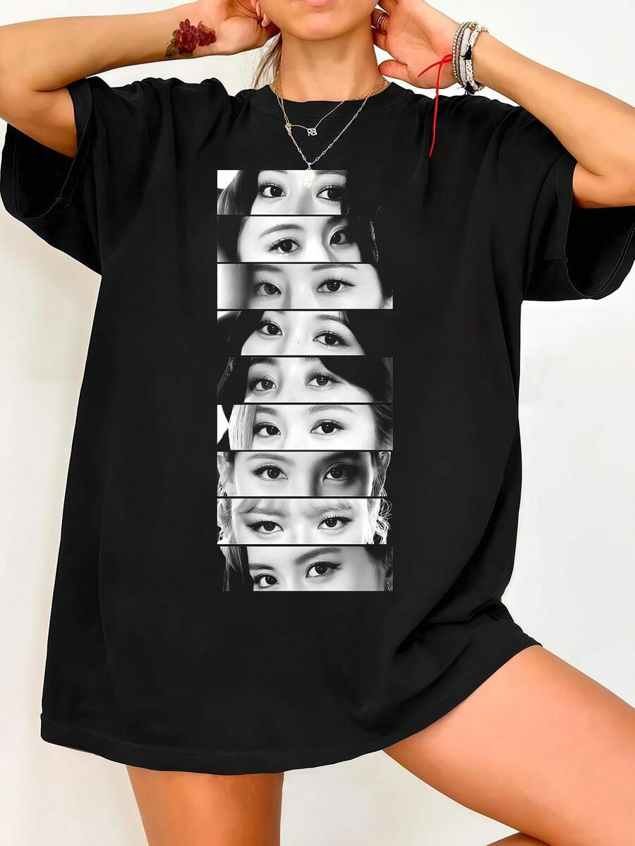 Twic.e OT9 Eyes svartvit collage-t-shirt. Avslappnad svart bomullst-shirt med kort ärm och vintagegrafik. - Svart - Visa 1