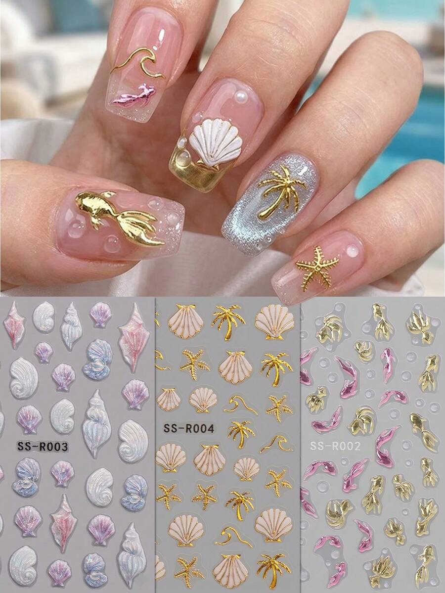 3pcs 5D Embossed Aurora Seashell & Golden Palm Tree Nail Stickers - 3D Koi Fish Wave Nail Art Decals - Summer/Vacation/Wedding/Music Festival DIY 3D Decorative Stickers