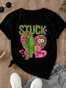 Camiseta Mujer Casual Manga Corta Cuello Redondo Moda 2026 Camisetas de Mujer con Diseño de Corazón de Cactus "Stuck On You", Ideales para Fiestas, Cumpleaños, Regalos de San Valentín y Uso Diario.ropa mujerCozy Soft Simple Everyday Wear Top de manga corta - Negro - Ver 3