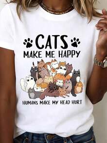 ropa de mujer Camiseta "Cats Make Me Happy" con estampado de gato blanco y texto gráfico para uso casual y amantes de las mascotas, camisas de mujer - Blanco - Ver 6