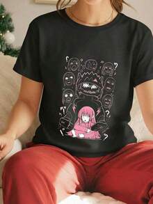 Under The RadarCamiseta Unisex Vintage de Anime 100% Algodón con Cuello Redondo, Diseño Gráfico de Anime, Camiseta de Manga, Anime Japonés Hitori Gotoh Bocchi The Rock, Diseño de Boceto de Ansiedad Social, Arte Divertido con Efecto Glitch-Vintage Street Style Unisex Loose Cotton Short Sleeve Crew Neck T-Shirt - Negro - Ver 1