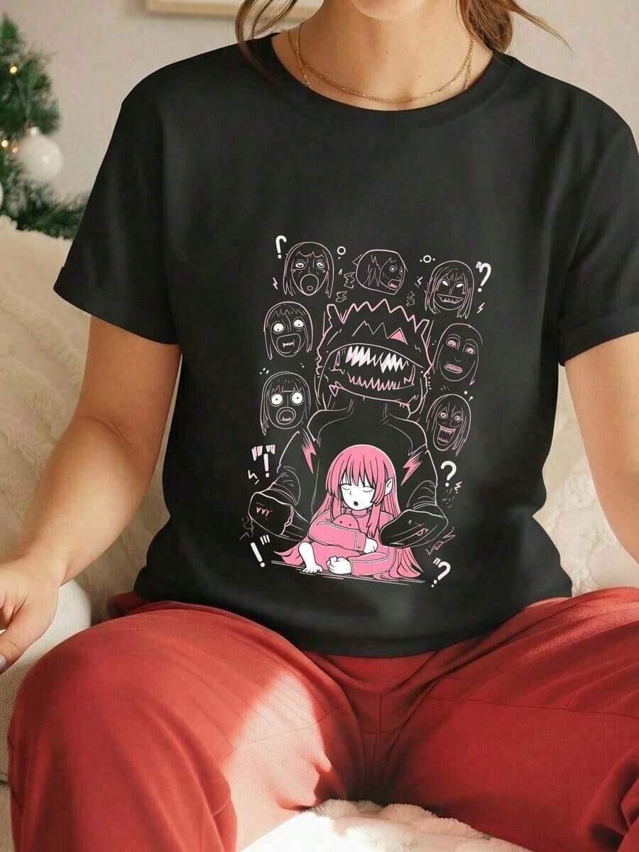 Under The RadarCamiseta Unisex Vintage de Anime 100% Algodón con Cuello Redondo, Diseño Gráfico de Anime, Camiseta de Manga, Anime Japonés Hitori Gotoh Bocchi The Rock, Diseño de Boceto de Ansiedad Social, Arte Divertido con Efecto Glitch-Vintage Street Style Unisex Loose Cotton Short Sleeve Crew Neck T-Shirt - Negro - Ver 1