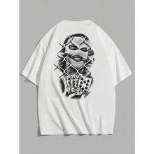 ‌Camiseta de Hombre con Estampado de Iron Wire y Cartas de Poker, Estilo Urbano para Verano‌ - Blanco - Ver 3