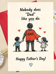 1 pieza, Tarjeta del Día del Padre "Feliz Día del Padre" dibujada a mano. Incluye sobre, papel de arte premium. Diseño de boceto de papá con capa y niños. Perfecto para celebrar la paternidad - la tarjeta adorable ideal (12cm/4.7in X 17cm/6.7in) - Sobre rojo - Ver 5