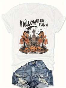 disfraz halloween hombreCamiseta gráfica gótica de Halloween Town de talla grande para mujer - Estampado de mansión espeluznante, murciélagos y calabazas de Halloween, top de manga corta con cuello redondo de gran tamaño, camisa casual vibrante en rosa y negro para atuendos de fiesta de Halloween, ropa de primavera y verano, duradera y lavable a máquina (tallas S-3XL) - Diseño inspirado en Tim. - Blanco - Ver 10