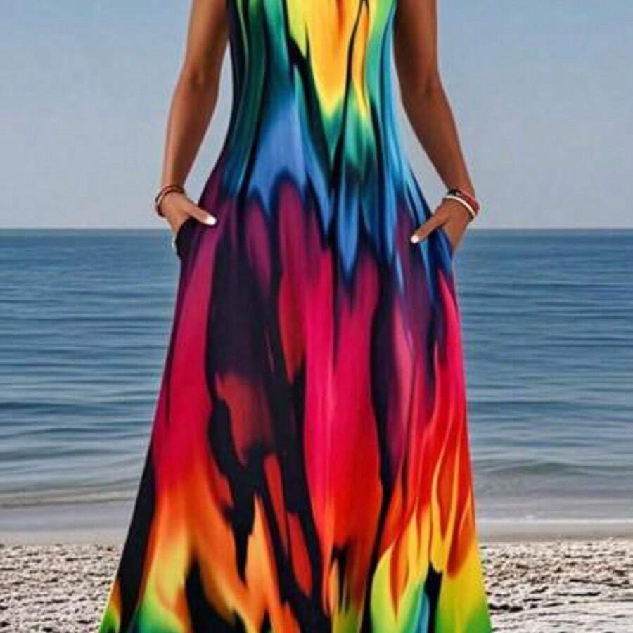 Plus Size Rainbow Ombre Print Sleeveless Maxi Dress, Women Beach Vacation Casual Daily Wear, Spring/Summer Versatile, With Pockets, Sleeveless Summer Long Dress Elegant - Multicolor - Ver 1