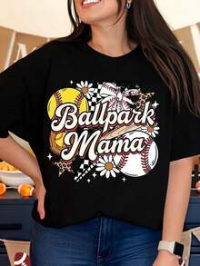Camiseta de béisbol y sóftbol para mamá, camiseta gráfica casual para mujer, para el día del juego, atuendo para fanática de los deportes, top de verano. - Negro - Ver 7