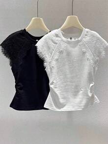 Camiseta de manga corta para mujer, estilo coreano, de algodón, con encaje, plisada, ajustada, blanca, con diseño creativo y cuello redondo, Verano 2025 - Papas fritas blancas [con hamburguesa de ] - Ver 3