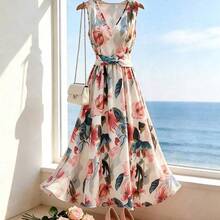 Women's Casual Sleeveless Minimalist Printed Dress With A Flared Skirt And A Fitted Waist. Suitable For Various Occasions Including Summer Vacations, Spring/Summer Commutes, Lounging At Home, Dates, Everyday Wear, Parties, Beaches, Graduation Season, And The Office. A Versatile And Stylish Everyday Look. V-Neck Fitted Waist Pleated Skirt, Fitted Waist Flared Skirt, Floral Dress, Elegant Summer Dress, Women's Floral Print Dress, French Style Dress, Sleeveless Midi Dress, Elegant Women's - Multicolor - Ver 6