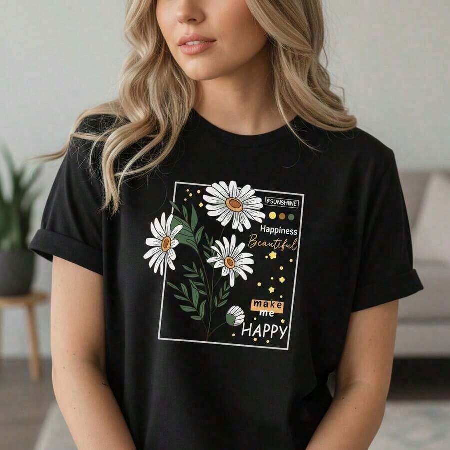 Camiseta de algodón puro con estampado de girasoles para mujer, manga corta, cuello redondo, estilo casual, corte holgado, camiseta gráfica, tallas S-5XL, camiseta básica con diseño de margaritas para verano, suave para uso diario, camisa con diseño alegre y soleado para damas, camiseta con estampado de letras para mujer, cuello redondo, manga corta, estilo casual. - Negro - Ver 1