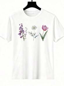 Camiseta con Estampado Floral para Mujer, Top Casual de Manga Corta de Verano con Diseño de Margaritas, Tulipanes y Vaino para Uso Diario y Temporada de Primavera - Blanco - Ver 3