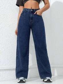 Jeans rectos de mujer de unicolor con cinturón, versátiles para el verano - Azul lavado medio - Ver 8