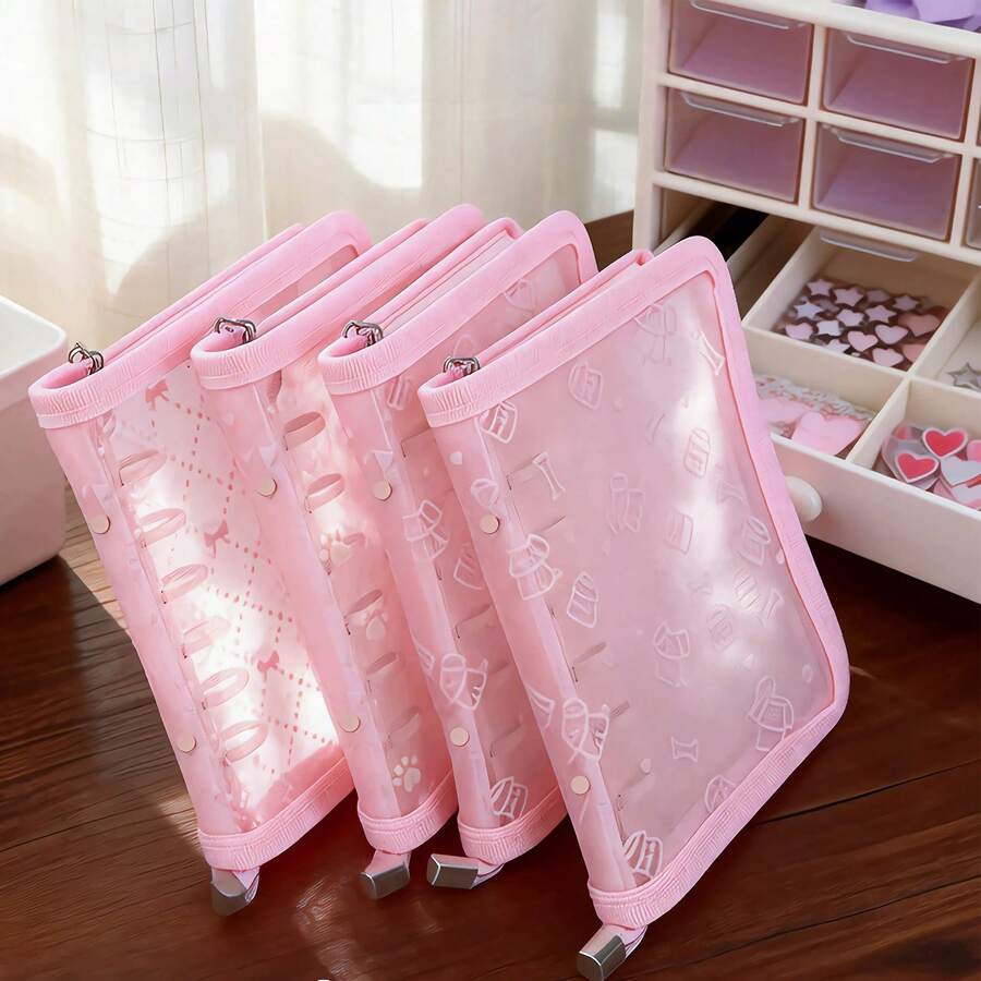Álbum de fotos con anillas de 6 en formato A5 de malla rosa con patrón de corazones lindos, con cremallera, para tarjetas fotográficas transparentes y diario - A5 - Ver 1
