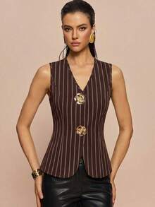 Blusa exterior con cuello en V ajustada con decoración de botones dorados con rosas - Multicolor - Ver 3