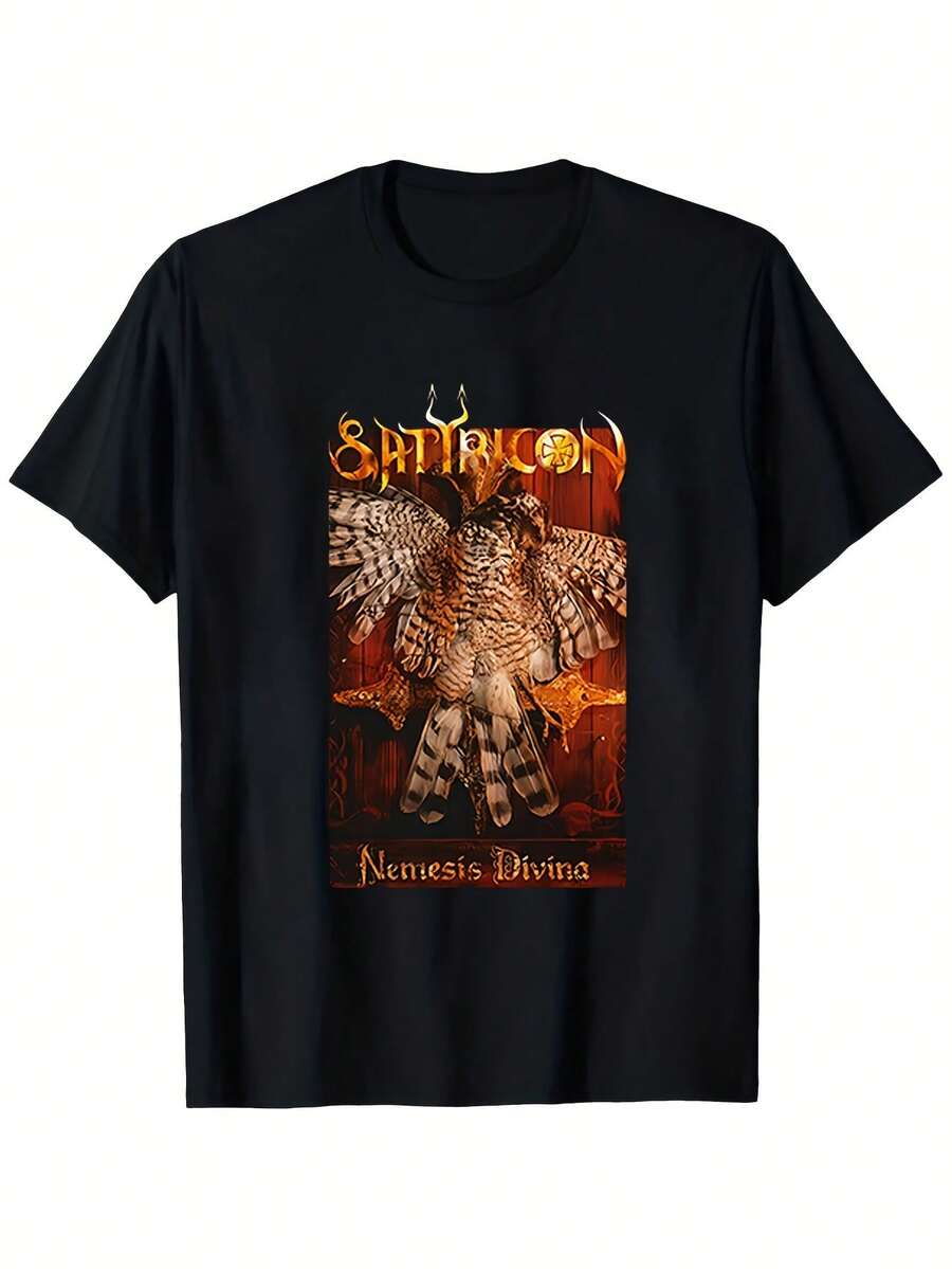 Camiseta de manga corta transpirable para hombre, edición limitada, de la banda de heavy metal Satyricon Nemesis Divina, con diseño oficial del álbum y texto en latín. Camiseta clásica de manga corta con cuello redondo, ideal para el hogar, el uso diario, fiestas y viajes, perfecta como regalo para amigos o familiares. - Negro - Ver 1