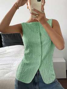Camisa informal sin mangas con textura geométrica y abotonadura sencilla para mujer - Verde 2 - Ver 5