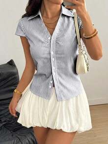 Camisa casual de manga corta con capucha, cintura ajustada con lazo delantero - Negro - Ver 6