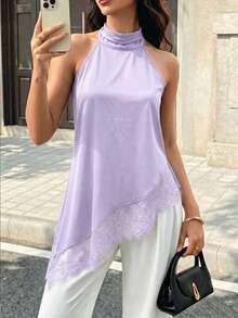 Top de tirantes negro para mujer, bajo asimétrico, diseño sin espalda, con ribete de encaje en contraste, longitud regular para verano - Púrpura malva - Ver 4