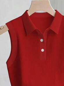 Camiseta sin mangas acanalada casual y elegante con cuello polo para mujer - Rojo - Ver 3