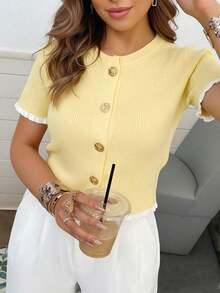 Top de Punto Beige con Botones en la Manga para Mujer, Elegante Suéter Casual de Manga Corta, Ideal para Citas y Uso Diario - Blanco y Negro - Ver 7