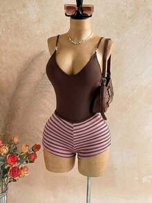1 Pieza Traje de baño de unicolor y 1 Par de Shorts a Rayas, Conjunto de 2 Piezas - Rosa - Ver 7